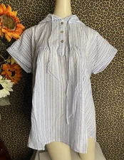 🦋DOE & RAE🦋White/Blue Stripe Short Sleeved Cotton Hooded Top NWT | LARGE |