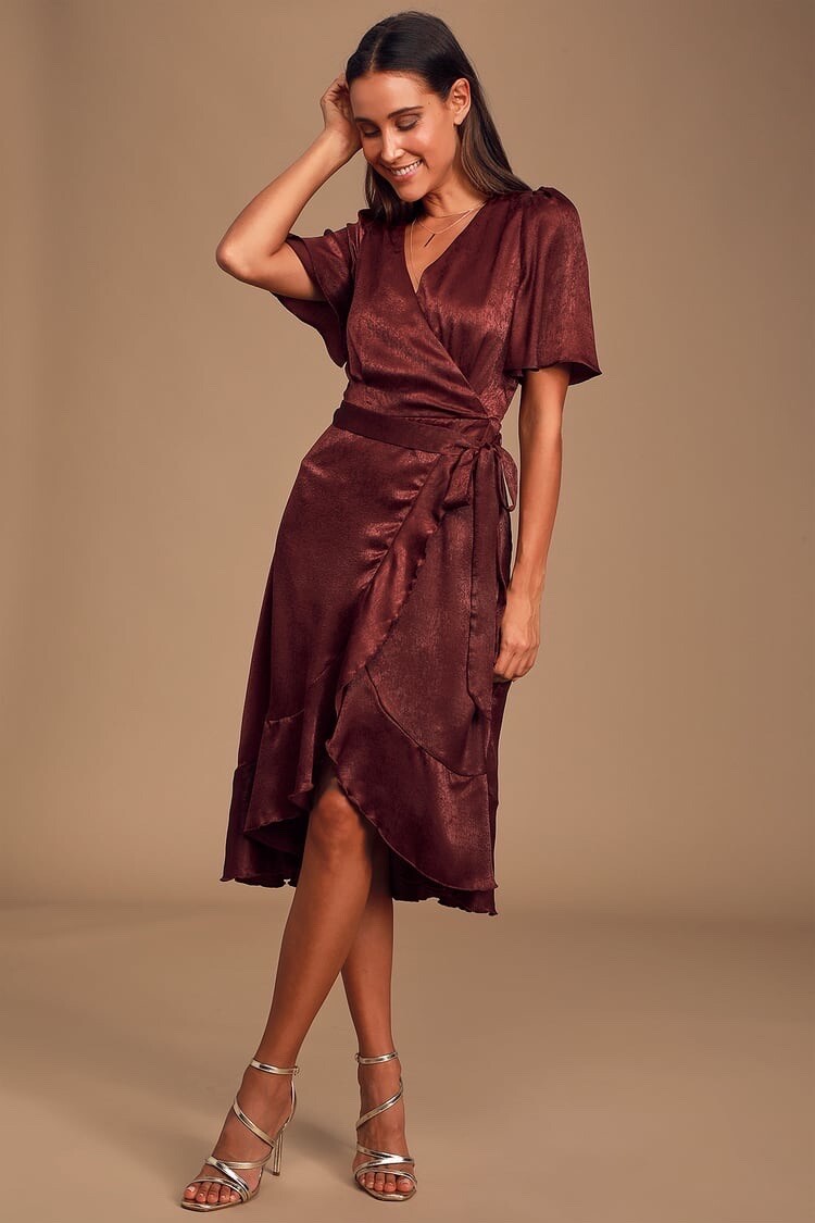 Lulus Wrapped Up In Love Burgundy Satin Wrap Midi Dress Size XS NEW RRP$95