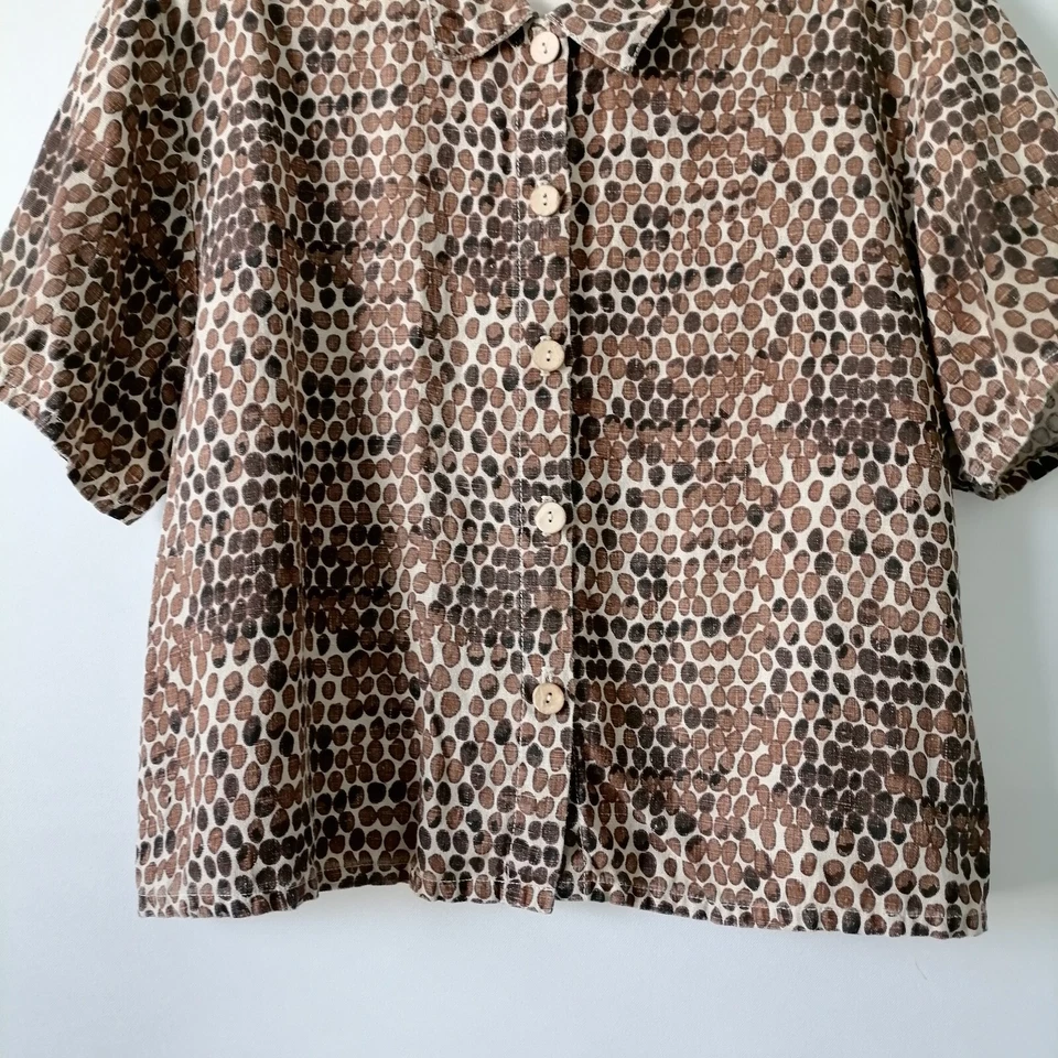 John Paul Richard 女式棕色豹纹纽扣短袖衬衫 L 码 — 第 3/4 张图片