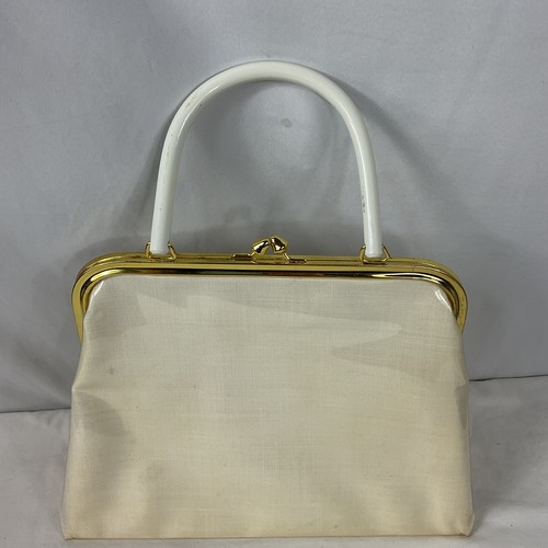 Vintage 1950s ER Purse Handbag Beige Cloth Clear Vinyl Lucite Floral 3D Miami - Picture 3 of 9