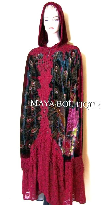 Cloak Opera Cape Peacock Victorian Rep Long Beaded Velvet Lace Lined Deep Red - Image 2 of 4