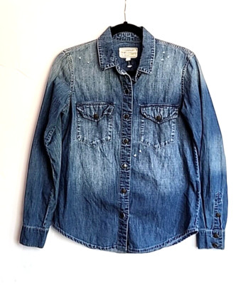 CURRENT ELLIOT Distressed Denim Button Down Shirt Womens Size 0 Small