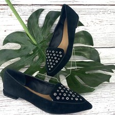 Tahari Esther Suede Grommet Detail Pointed Toe Women  s Flats Size 7.5 Black