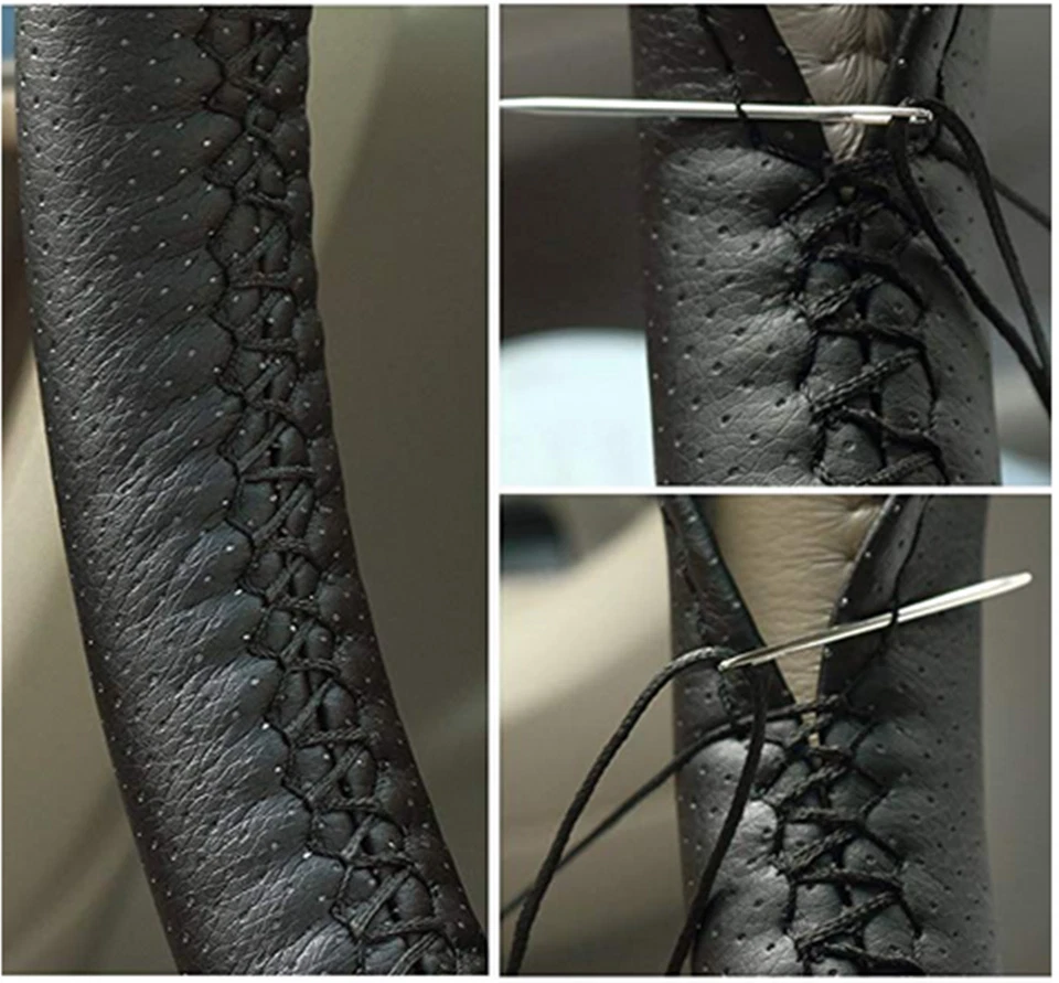 DIY Car Stitch Steering Wheel Cover Needle Thread Anti-slip Black PU Leather — 第 4/4 张图片