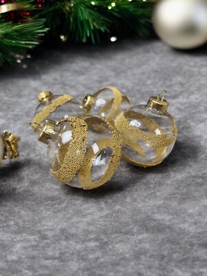 Christmas Ornament Bauble Glass Clear Gold Glitter Striped Holiday Decor Set 4