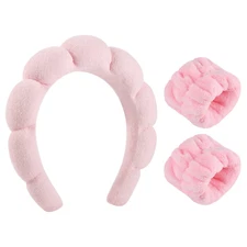 Sponge Spa Headband for Women, Makeup Headband and Wrist Washband Set Pink Skinc