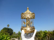 Vintage Gold Gilt Carousel Music Box Antimony Horses 8" Mirrored Column