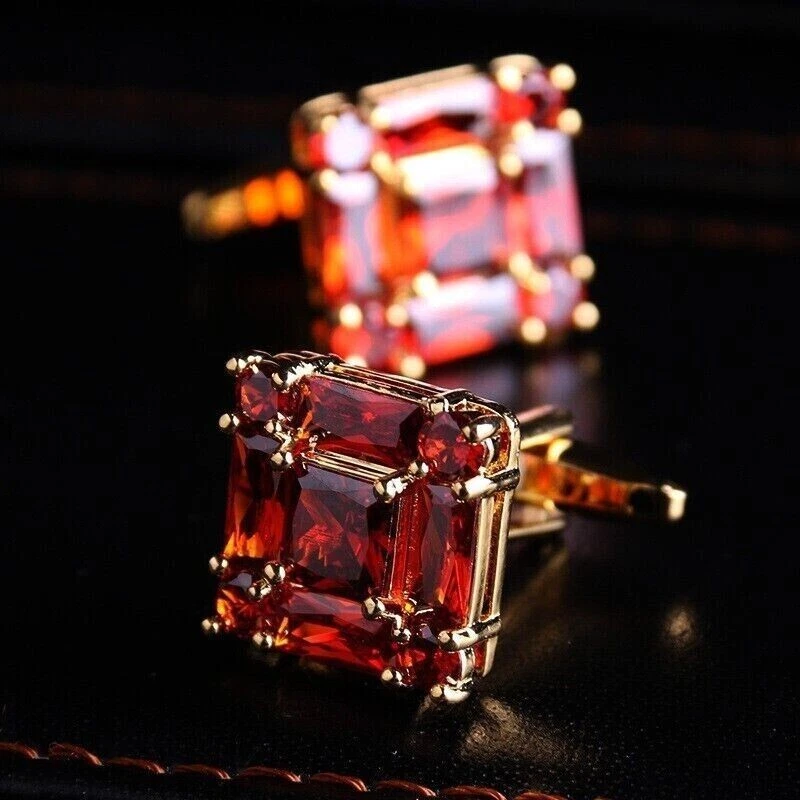 1.75Ct Lab-Created Red Ruby Men's Wedding Cufflink Pair in 14K Yellow Gold Over - Image 3 of 4