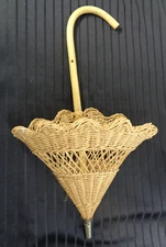 Wicker Parasol Umbrella Basket 18" Wall Hanging Metal Tip Vintage Retro MCM