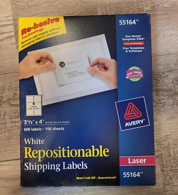 Avery Repositionable Shipping Labels Inkjet/Laser 3 1/3 x 4 White 600/Box 55164
