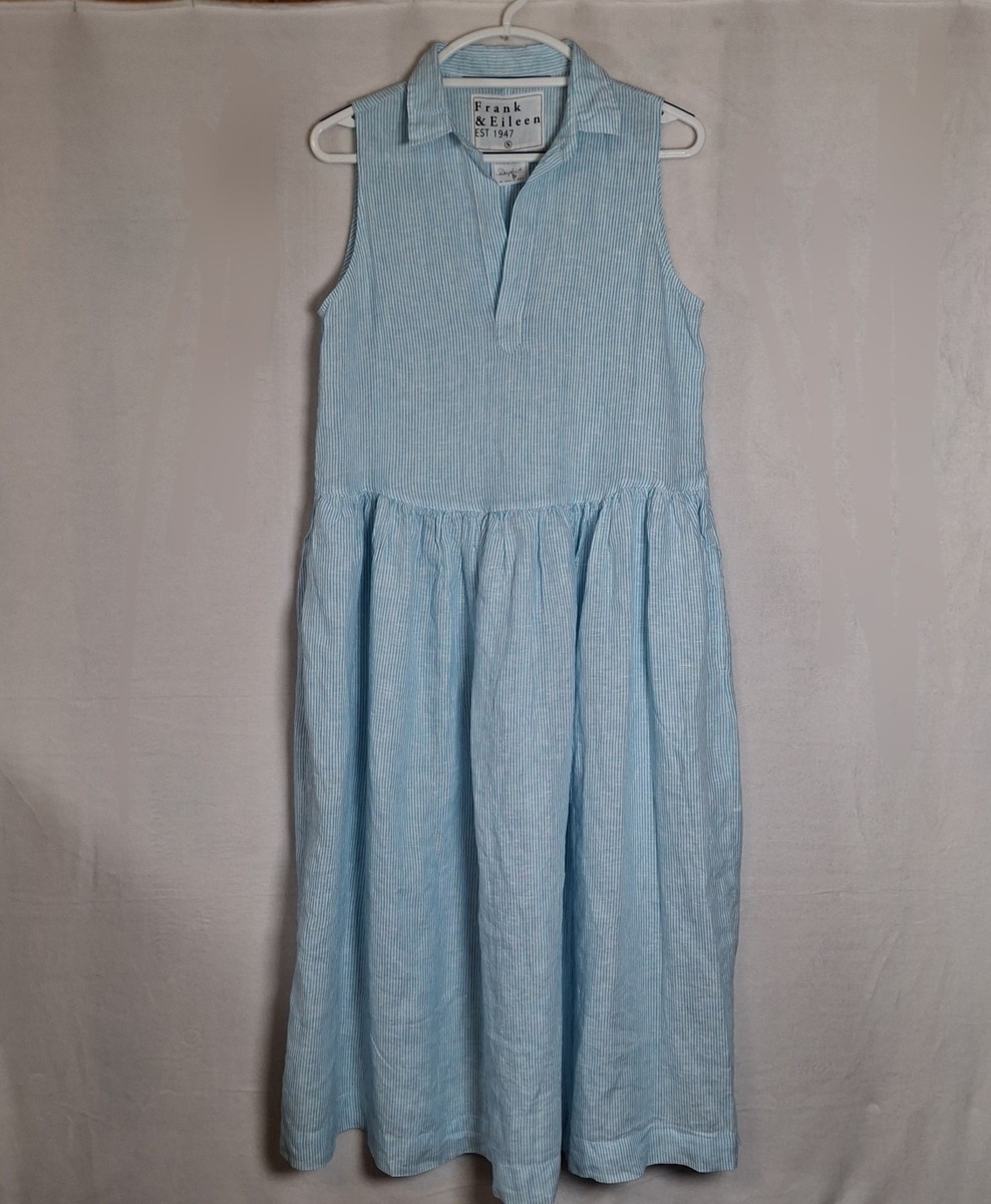 Frank & Eileen Daphne Linen Dress Small Blue White Stripe Maxi Pockets |  eBay