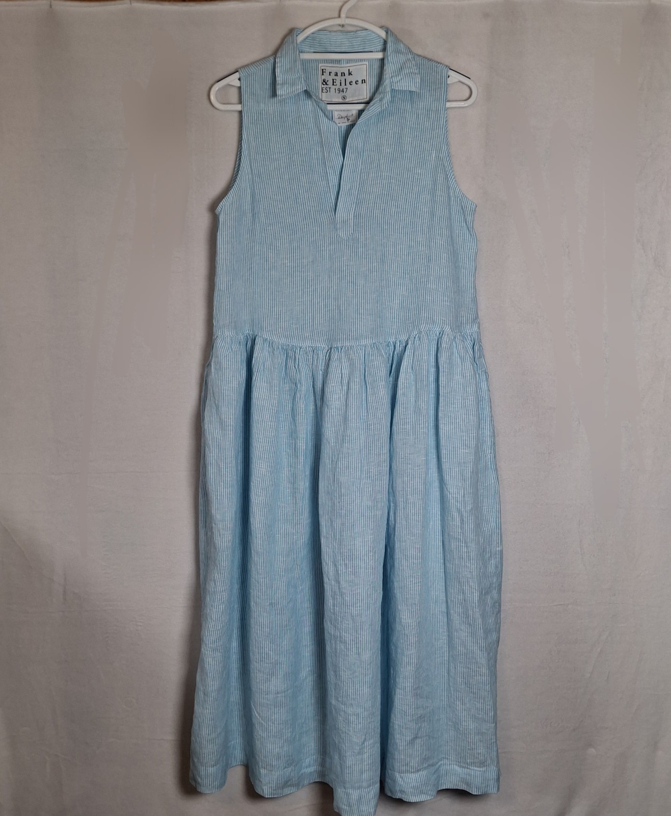 Frank & Eileen Daphne Linen Dress Small Blue White Stripe Maxi Pockets