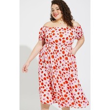 Torrid Retro Chic Midi Puff Sleeve Skater Dress Womens Large Strawberry Pink New