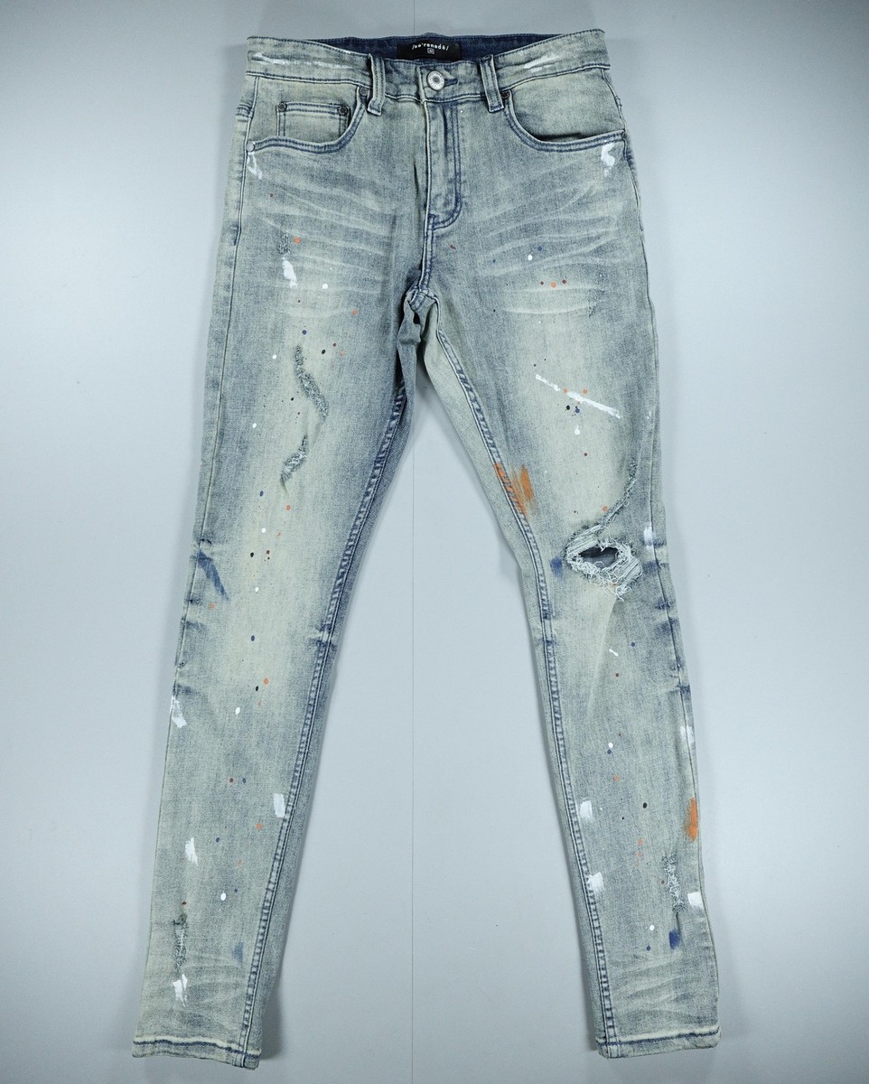 Serenade Jeans Mens 32x32 Blue Skinny Paint Splatter Distressed