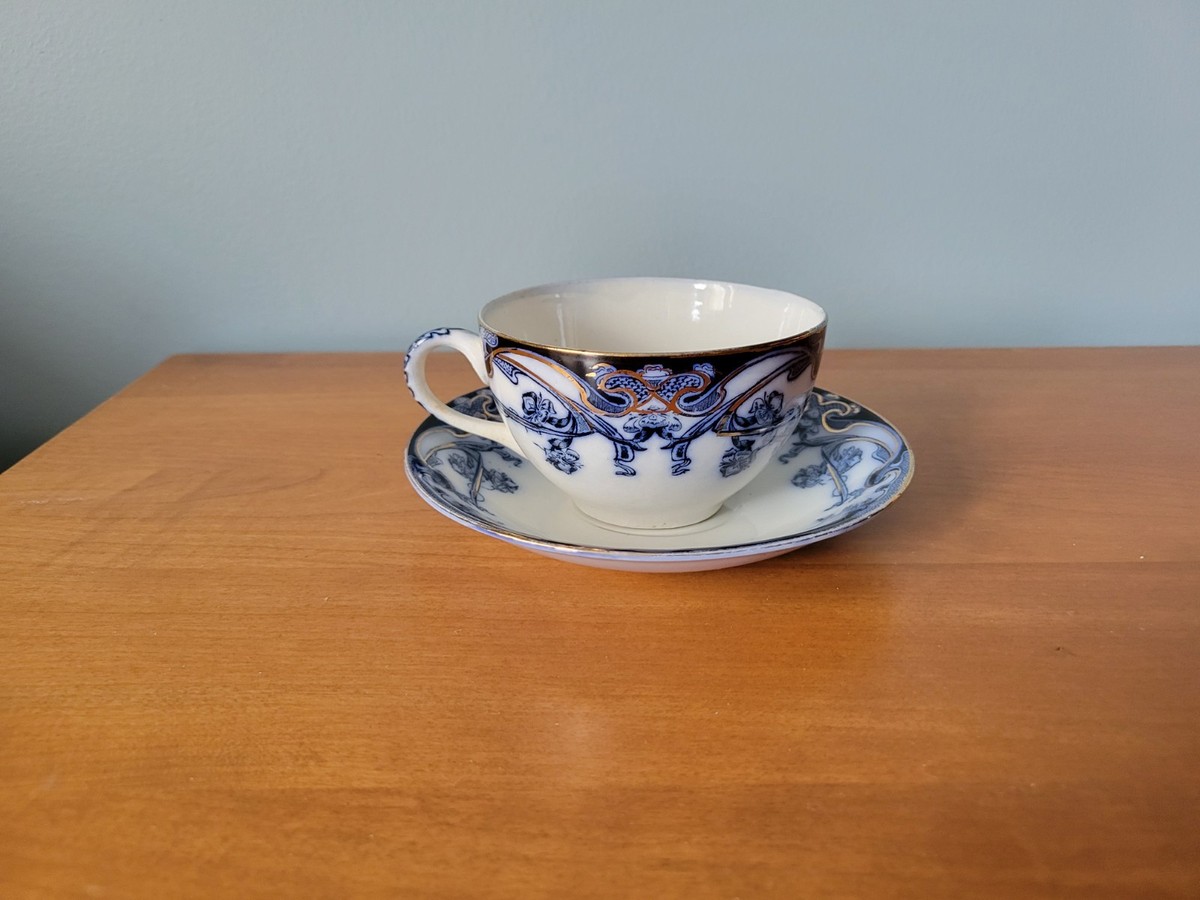 Royal Staffordshire Iris Pottery Cup & Saucer Set Flow Blue 