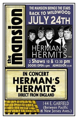 HERMAN'S HERMITS 1974 THE MANSION NIGHTCLUB POSTER SIGN Wildwood NJ
