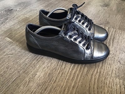 Ecco Womens Soft 7 Leather Size 6 37 Shoes Lace up Silver Metallic Sneakers