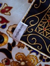 Yves Saint Laurent silk scarf baroque floral Signature visible vintage late 1970
