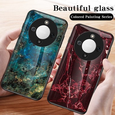For Honor X9d, Luxury Hybrid Armor Marble Back Glass Soft Bumper Case Cover