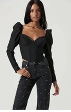 ASTR The Label Betty Black Satin Puff Sleeve Corset Top Cropped Blouse Size Med