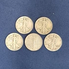 Walking Liberty Half Dollars 90% Silver, Lot of 5, 1940's, Lot 030