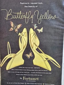 1956 Women's Fortunet Butterfly Yellow Spring Shoes Vintage Fashion Art Ad 