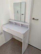 White Freestanding Dressing Table with Rectangular Mirror, 2 Drawers, 3 Shelves