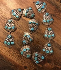 TAIL FEATHERS CONCHO BELT William Singer Navajo Sterling Turquoise 504g  38.5”