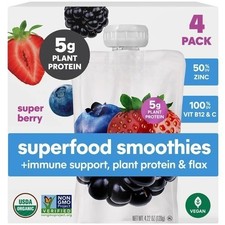 3 pack Organic Super Berry with Plant Protein Smoothie,4.22 oz Pouches,4 Ct