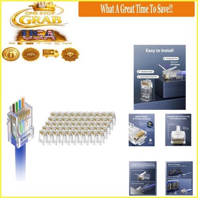 50-Pack  Listed Cat6 Pass Through RJ45 Connectors 10Gbps Gold Plated