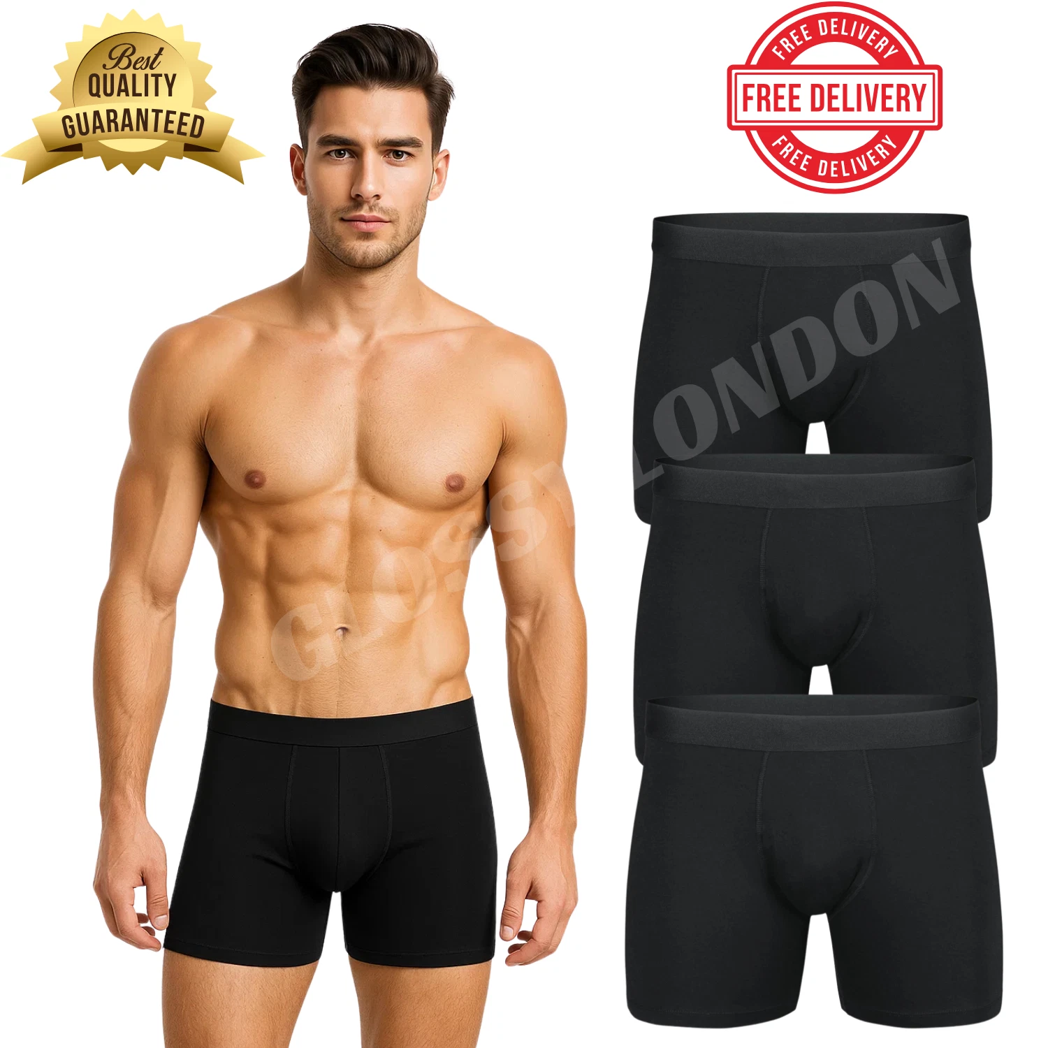 Model with 3-pack black boxer trunks