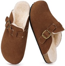 Womens Fur Lined Suede Clogs Mens Fuzzy Leather Mules Cork Footbed Slip On Wi...