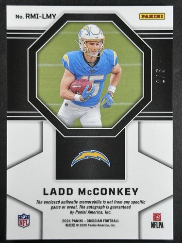 2024 Obsidian Ladd McConkey Rookie Materials Ink Auto RPA Green Flood /5 🔥🔥🔥 - Picture 2 of 3