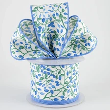 Mini Blue Berries on Green Vines Ribbon 2.5" x 10 yards