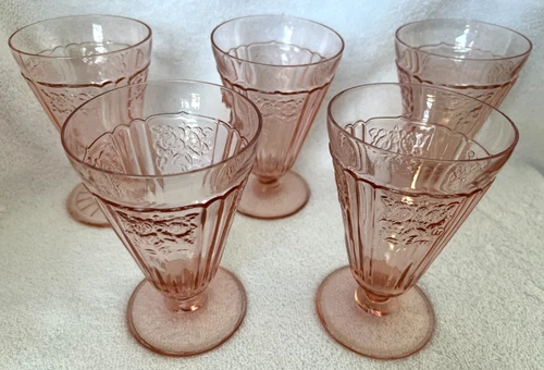 Anchor Hocking Vintage Set of 5 Pink "Mayfair Open Rose" 5 3/8" Water Tumblers