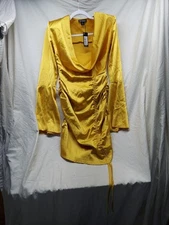 Pretty Little Thing Mini Dress Yellow/Gold Ruched Plunge Cowl Neck Drape Size 2