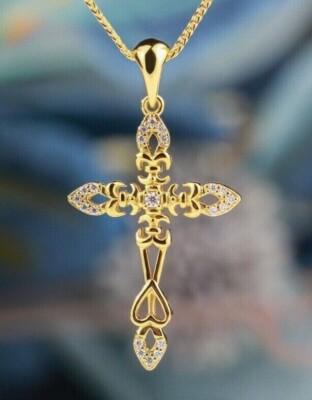Round Cut Simulated Diamond 925 Silver Cross Pendant In 14k Yellow Gold Plated