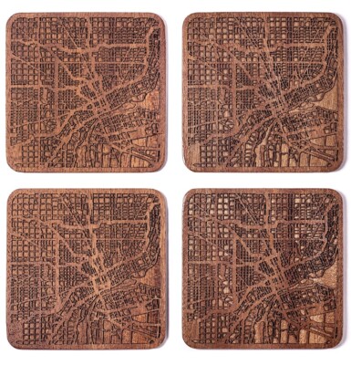 4 Pack Wooden Coaster With Detroit City Map Handmade Natural Sapele Wood Vintage