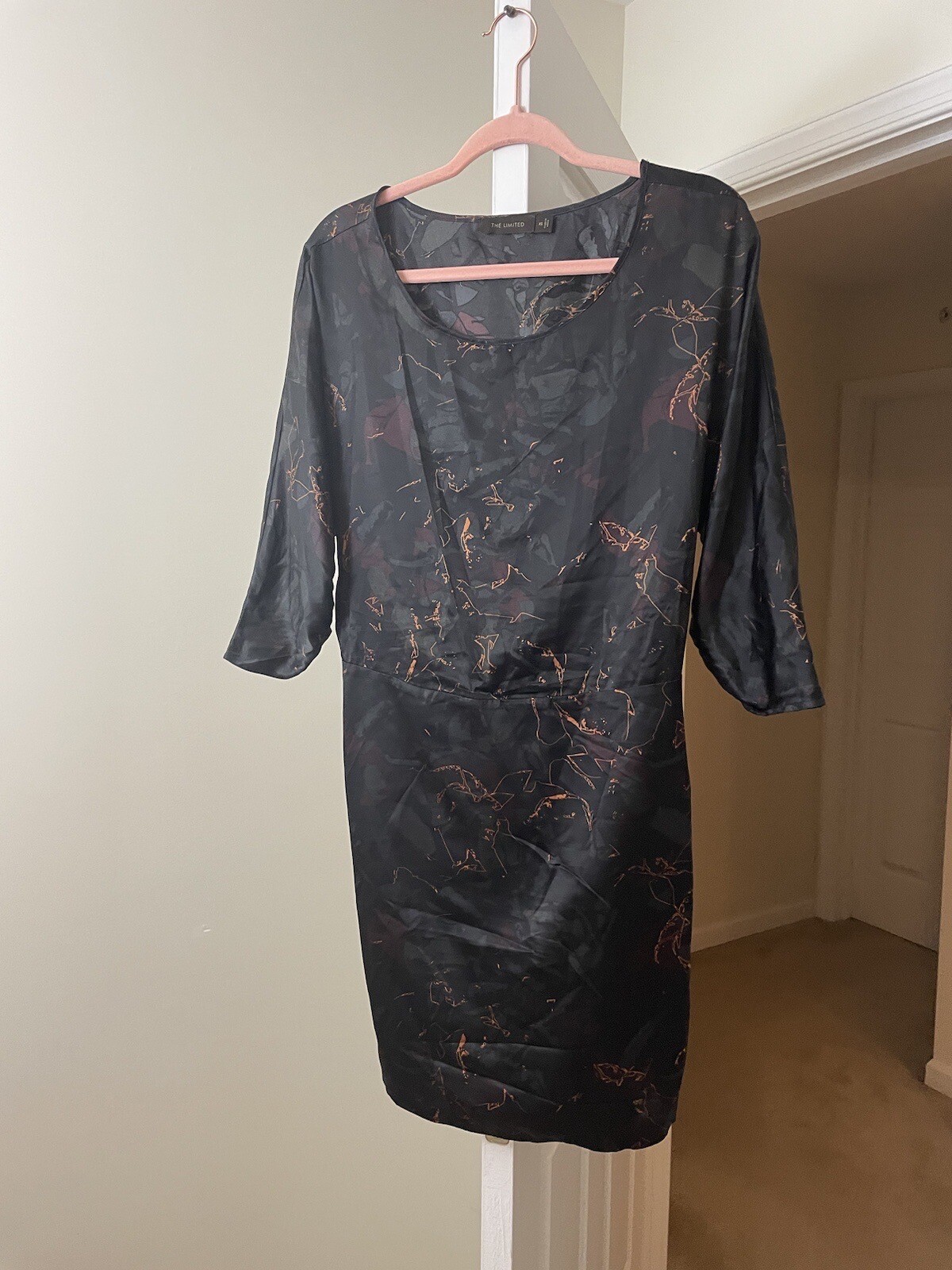 The Limited Dress Artsy Silky Satin Shift Black Bronze Dolman Sleeve