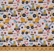 Cotton Construction Trucks Excavators Equipment Fabric Print by Yard D788.73