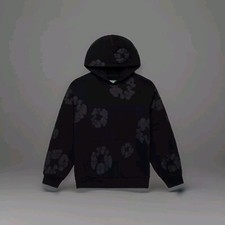 Denim Cotton Denim Tear Hoodie Black Monochrome Wreath Design