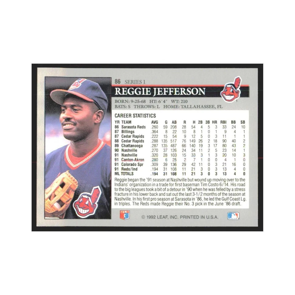 1992 Leaf Reggie Jefferson Indians #86.0 - Image 2 of 3