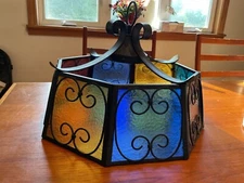 VTG MCM Wrought Iron Ceiling Multi Colored Goth Glass Paneled Hanging Lamp Shade