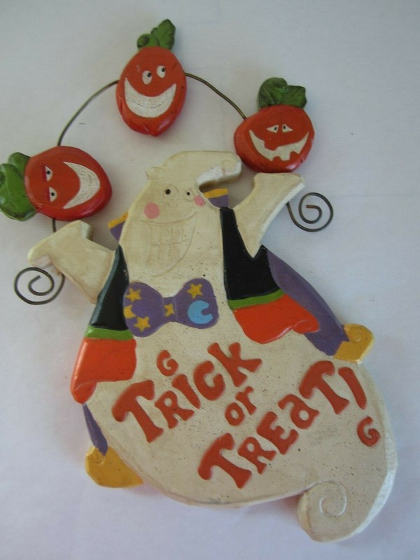 Trick Or Treat Ghost Wooden Wall Hanging Plaque Halloween Decor Pumpkin Folk Art