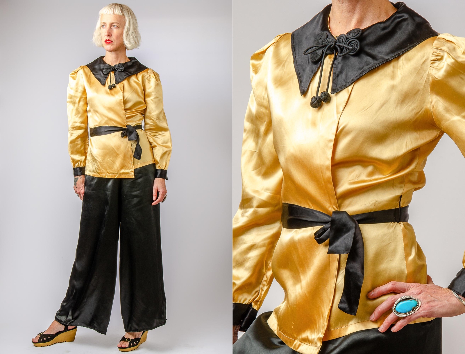 1930s Mustard Satin Beach Pajamas Two Piece Art D… - image 1