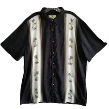 ISLAND SHORES Hawaiian Shirt Mens XL Rayon Button Up Palm Panel Hip Black White