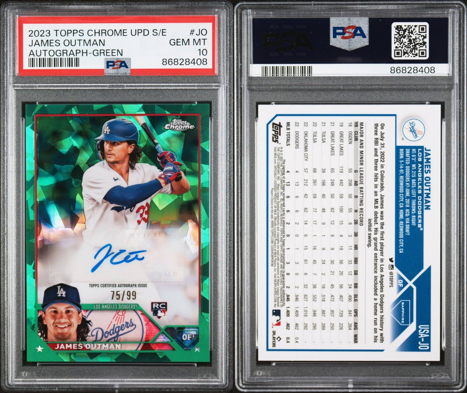 James Outman 2023 Topps Chrome Update Sapphire GREEN AUTO /99 RC PSA 10