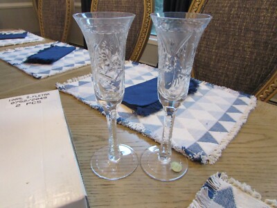 PAIR DRESDEN CRYSTAL CHAMPAGNE FLUTES GLASSES FLORAL S.FLETNA #2049 SIGNED 100ML