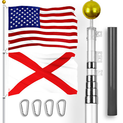 25 Ft Telescoping Flagpole Silver & American and Alabama Flags Emb 300D 3x5Ft