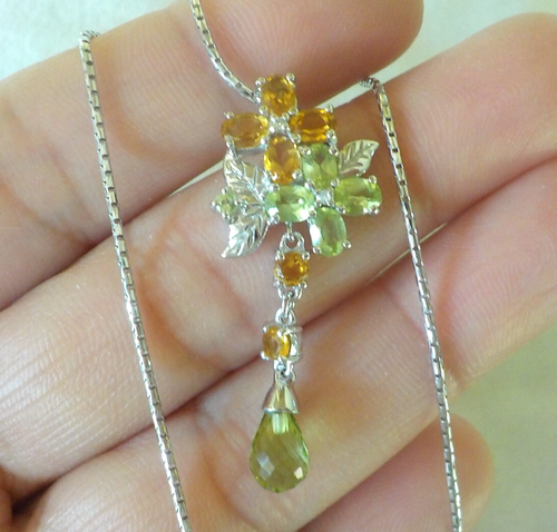 14K White Gold Briolette Drop Citrine Peridot Diamond Necklace - 6.0 gms, 16 in - Picture 4 of 9